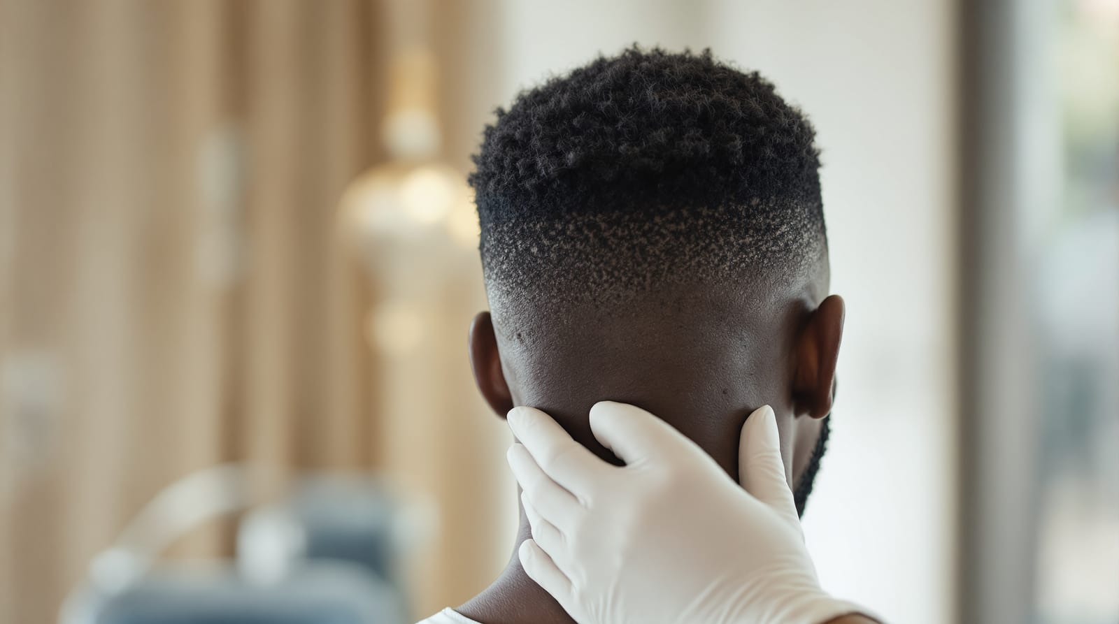 The nape of a Black man with a short coily haircut, seen from behind in soft clinical daylight