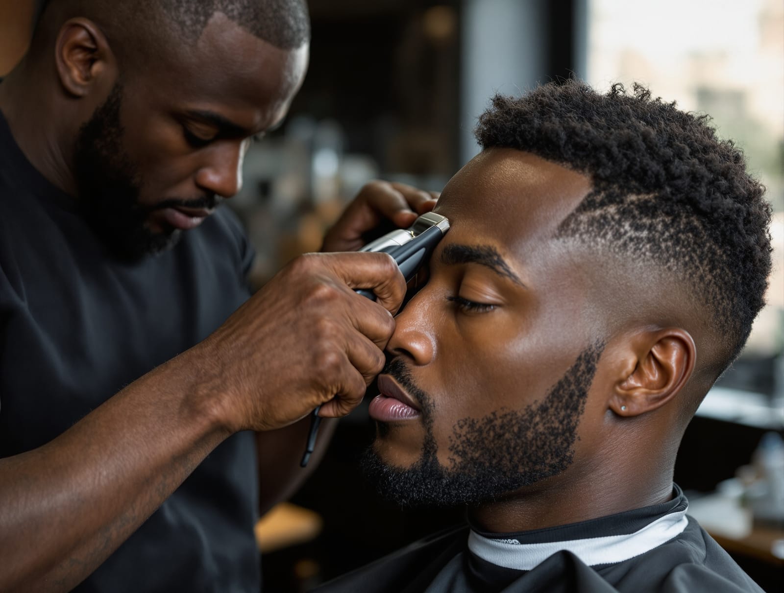 A barber edging up the hairline at the temple of a seated client with short coily hair in a sunlit barbershop