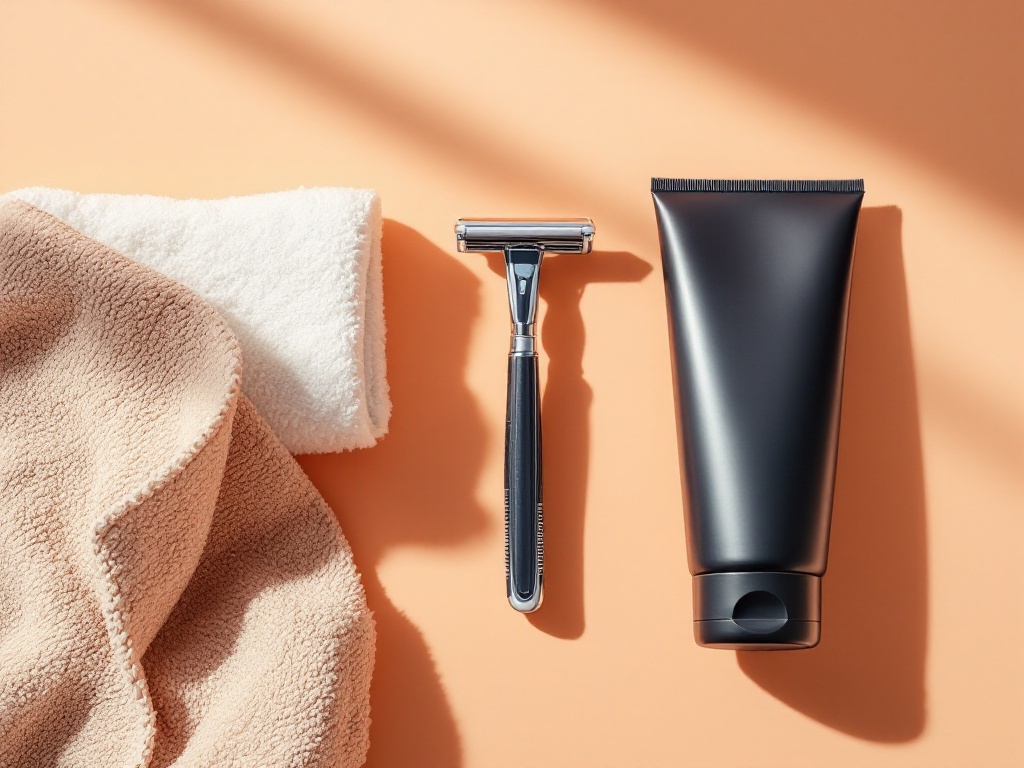 Shaving gel, a single-blade razor, and a towel laid out on a warm surface