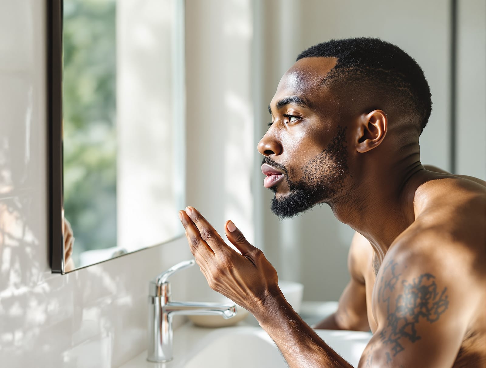 A man in his thirties at a bathroom sink in bright morning window light, leaning slightly toward the mirror and examining his jawline.
