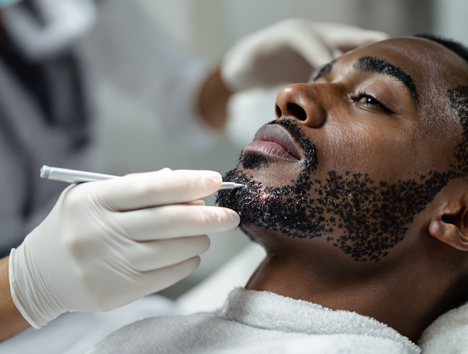 A gloved clinician performing a hair reduction treatment on the jawline of a Black man with textured facial hair