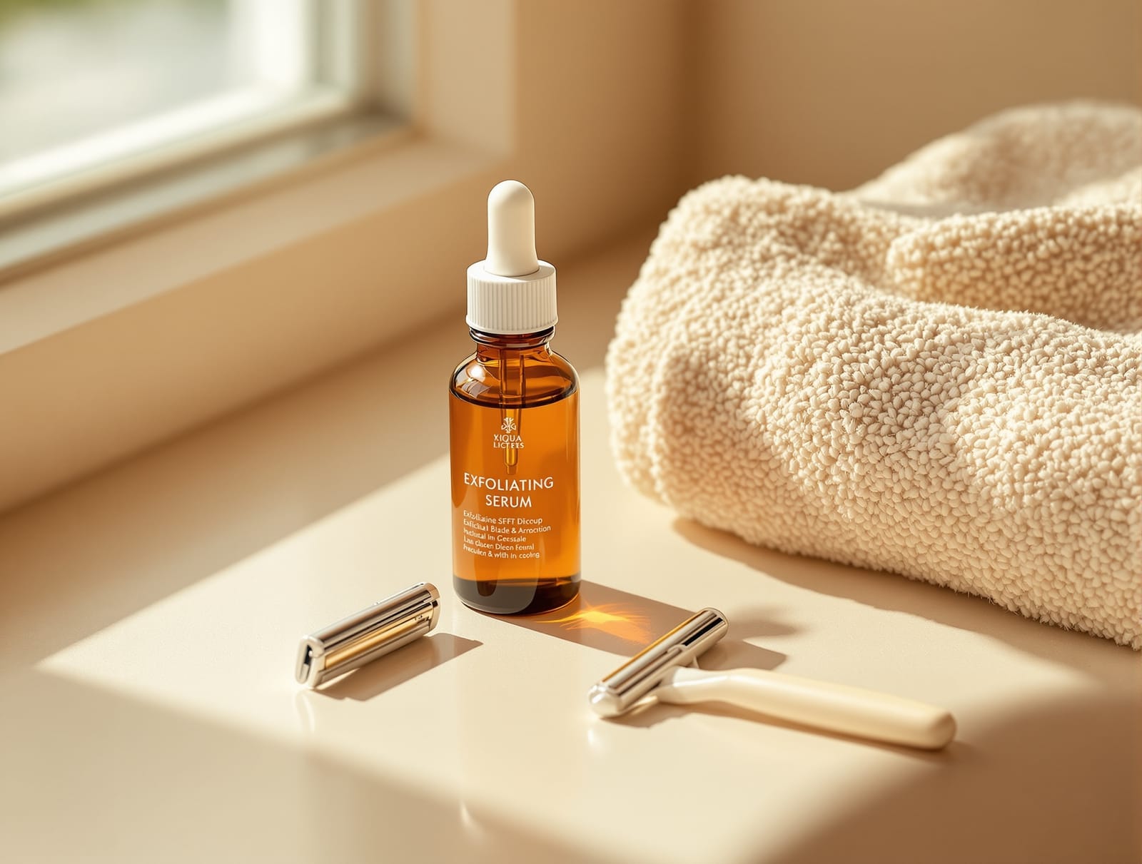 An amber dropper bottle of exfoliating serum beside a folded towel and a single-blade razor