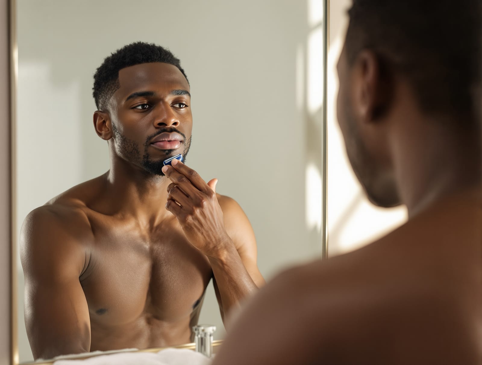 A Black man checking his calm jawline in a bathroom mirror beside a single-blade razor and towel in soft morning light
