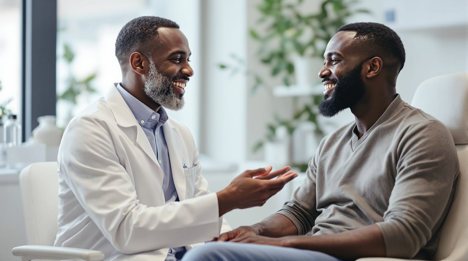 A dermatologist consulting with a Black man about his jawline in a bright modern clinic