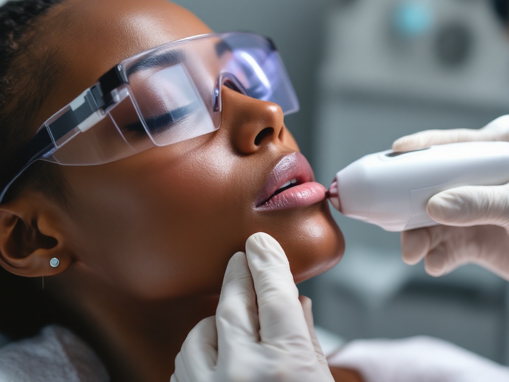 A clinician performing laser hair reduction on the jaw of a person with deep skin