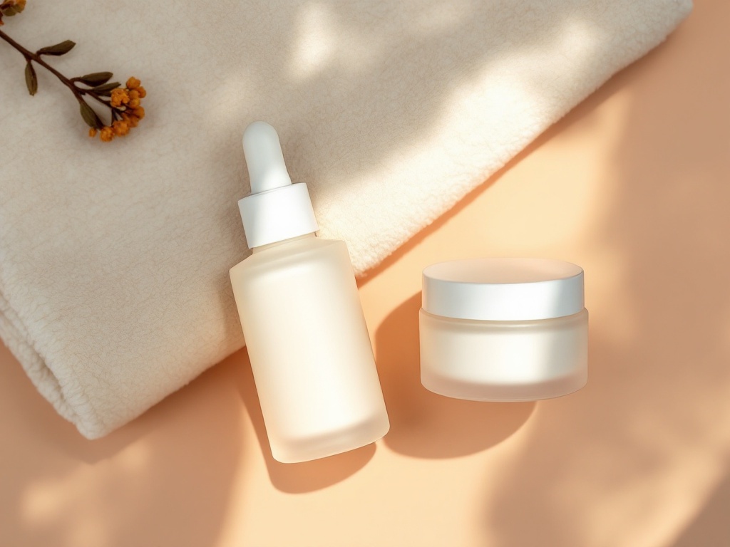 Gentle exfoliant and a fragrance-free moisturizer beside a soft towel