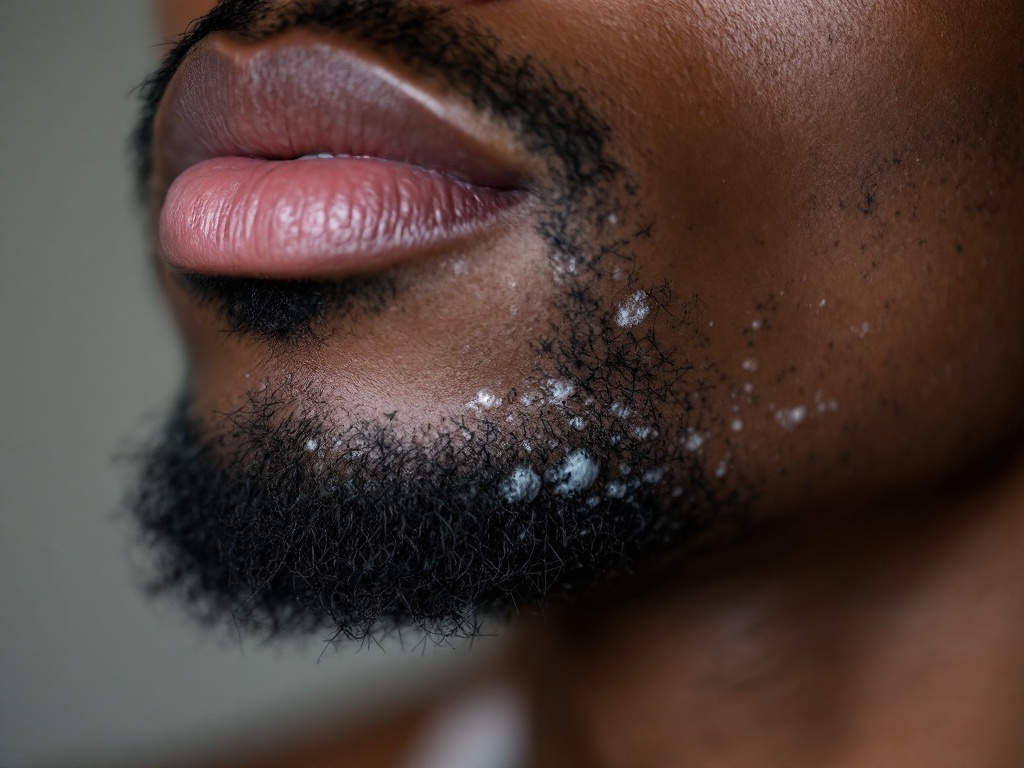 Close-up of razor bumps along the neck and jaw on deep-toned skin