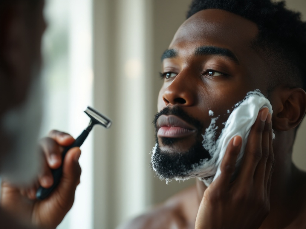 A Black man shaving his jawline with a single-blade razor and shaving gel