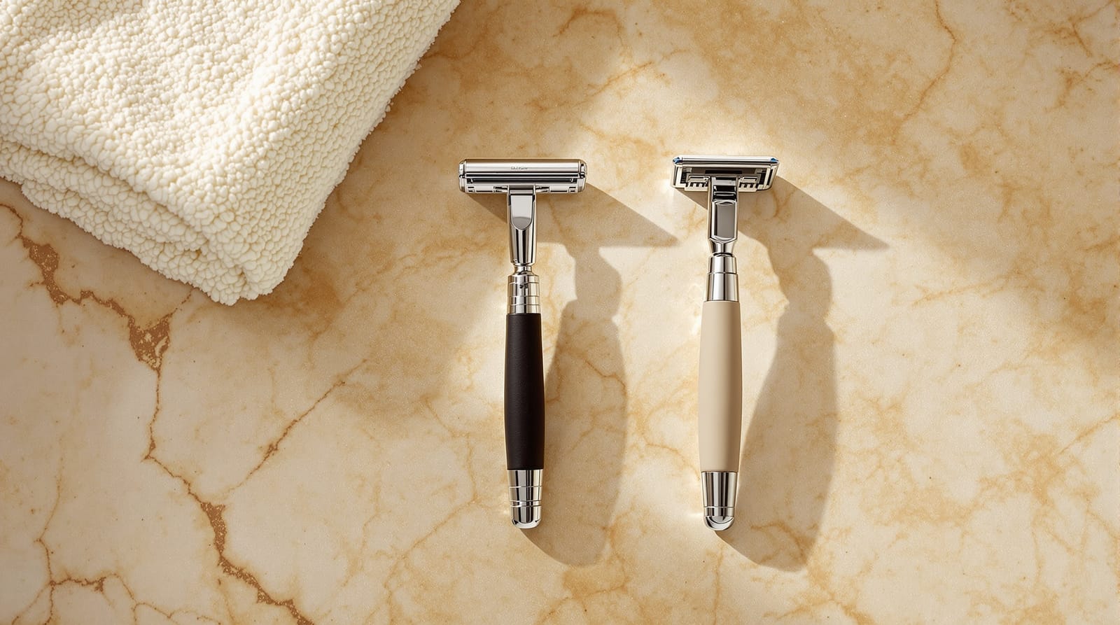 A single-blade safety razor and a multi-blade cartridge razor side by side on a warm stone counter