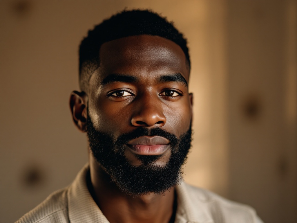 A Black man with a full, neatly grown beard in soft daylight
