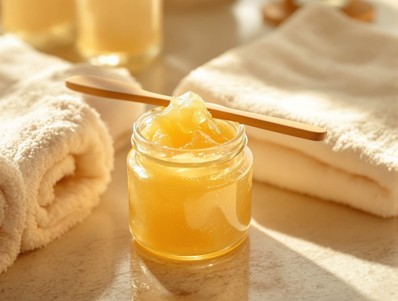 A jar of golden sugaring paste with a wooden spatula and folded towel on a clean counter