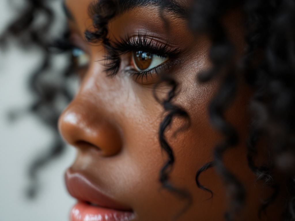 Close-up of tightly coiled black hair curling against deep-toned skin